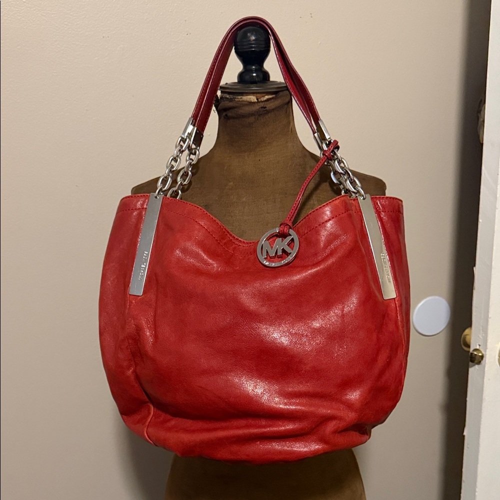 Michael Kors Cherry Red Tote with Silver Accents